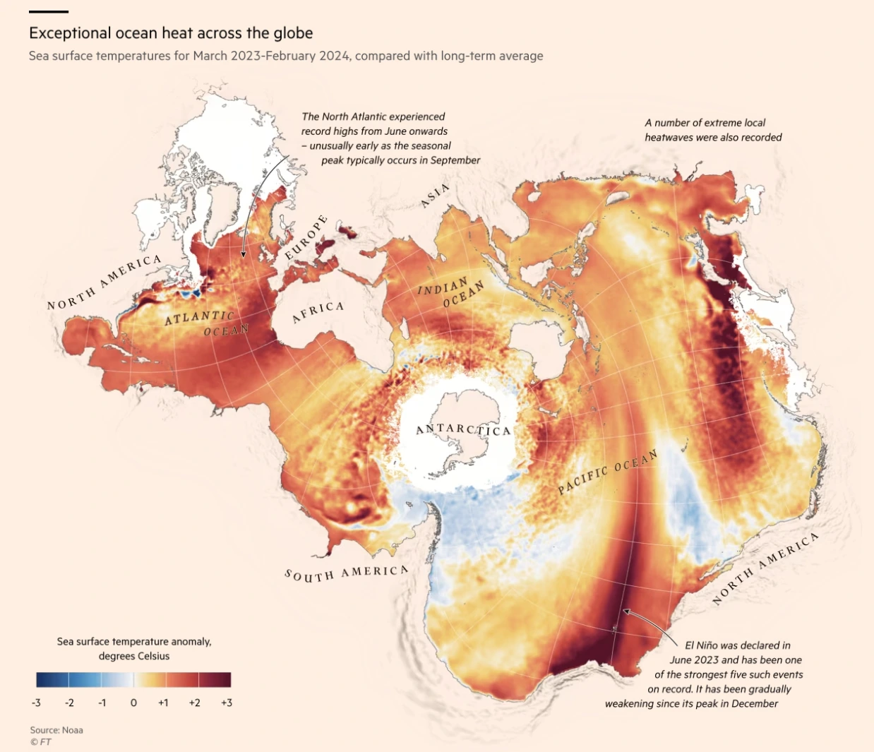 World map showing exceptional ocean heat anomalies across the globe from March 2023 to February 2024, with orange and red areas indicating significantly above-average sea surface temperatures